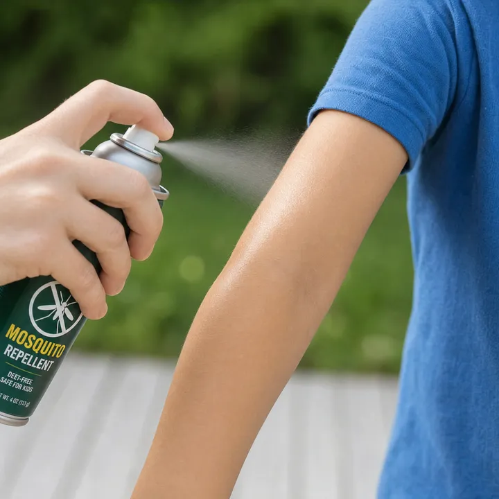 Child spraying mosquito repellent on their arm