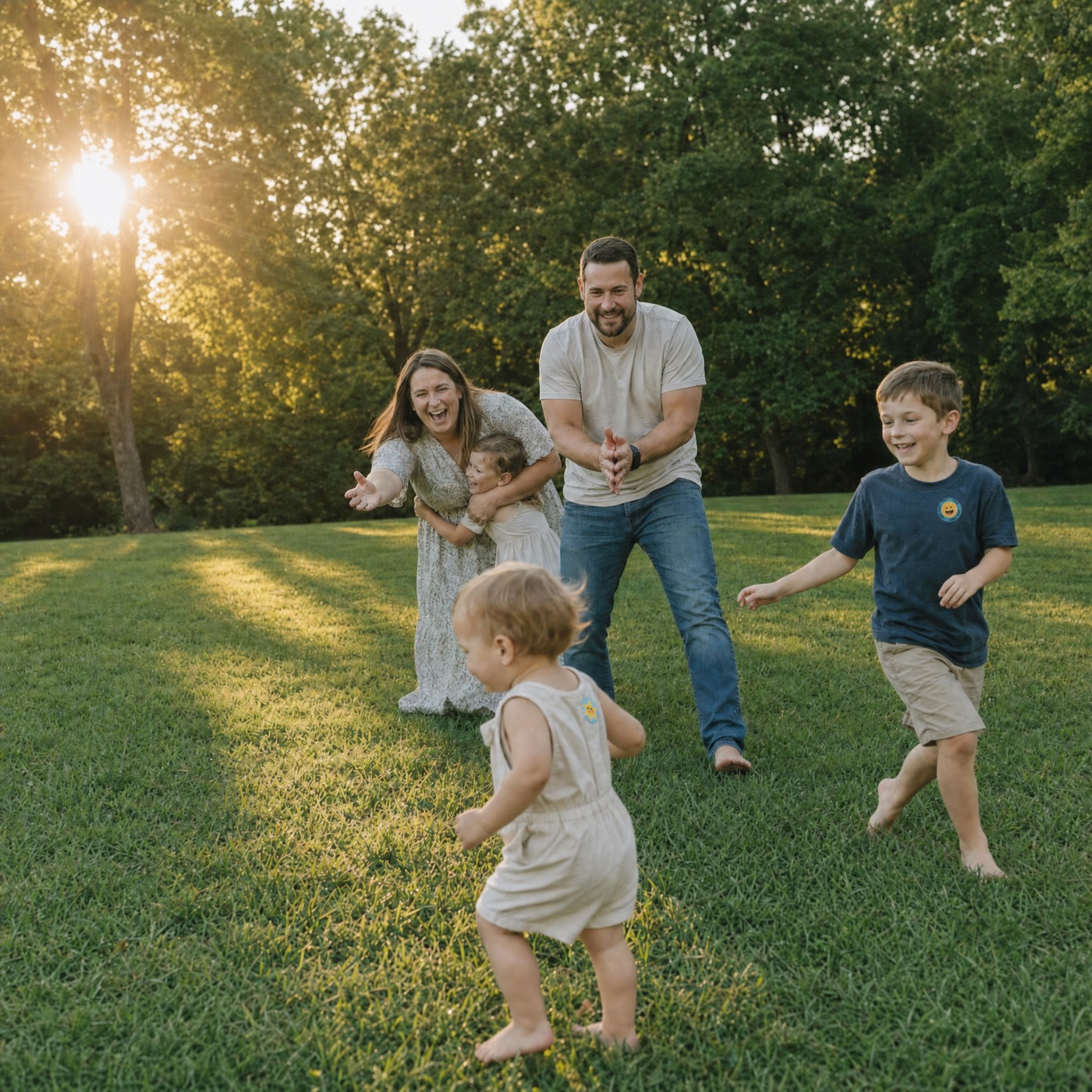 Family playing outdoors at sunset with Luna Natural patches